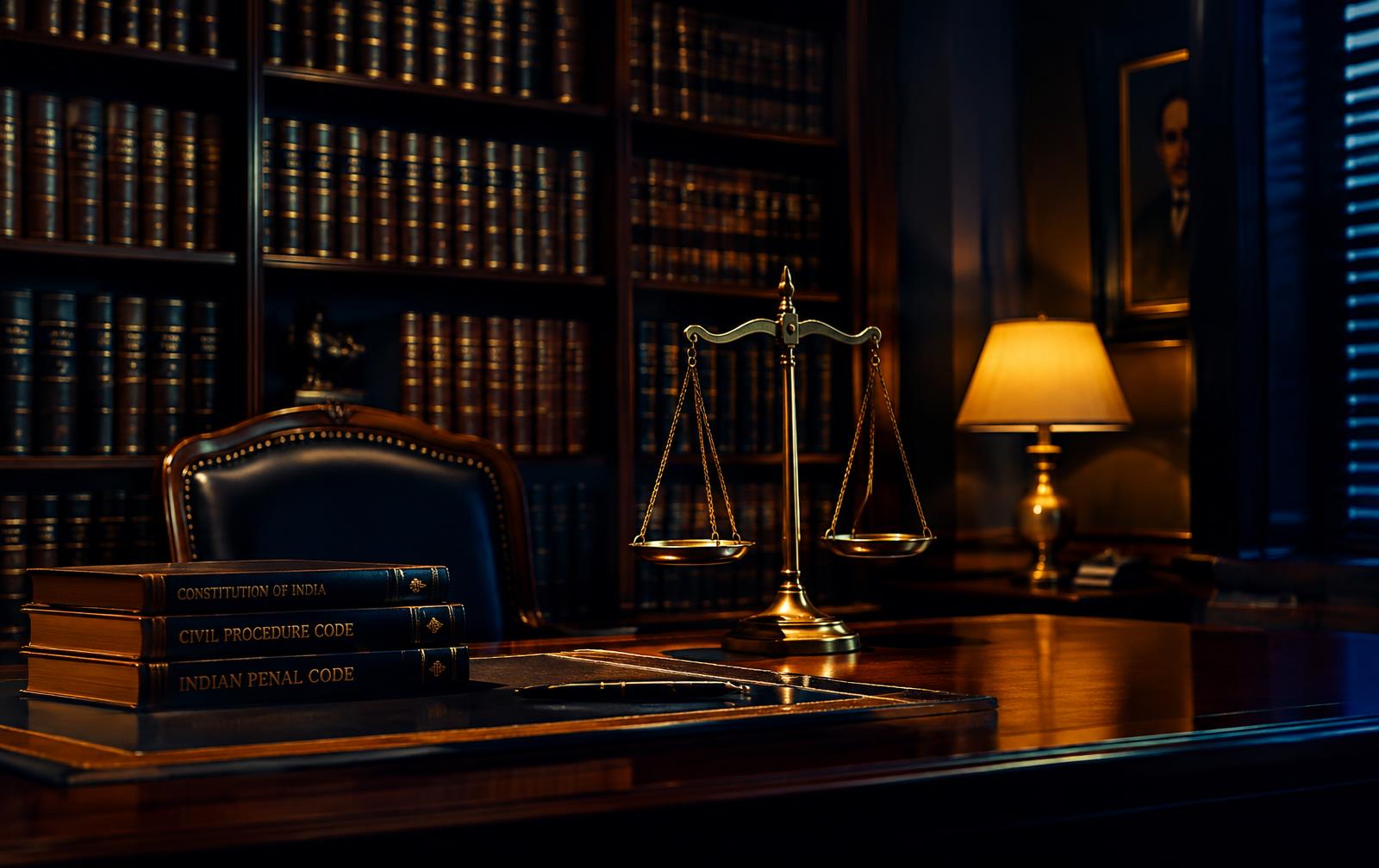 Illustrative law chamber with scales of justice
